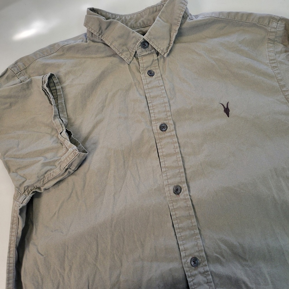 AllSaints Riviera SS Shirt Mens Medium Olive Green Ramskull Cotton Button‎ Down